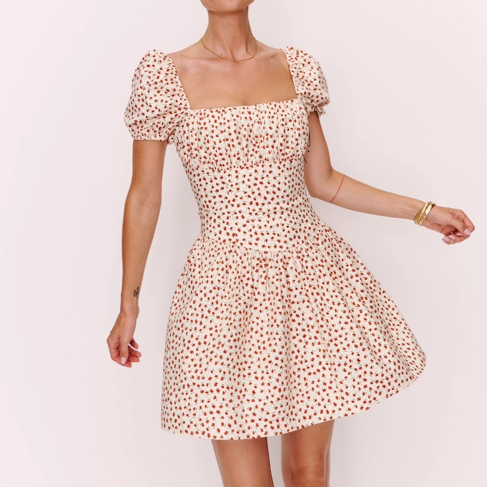 Reformation Floral Mini Dress in Cream and Red